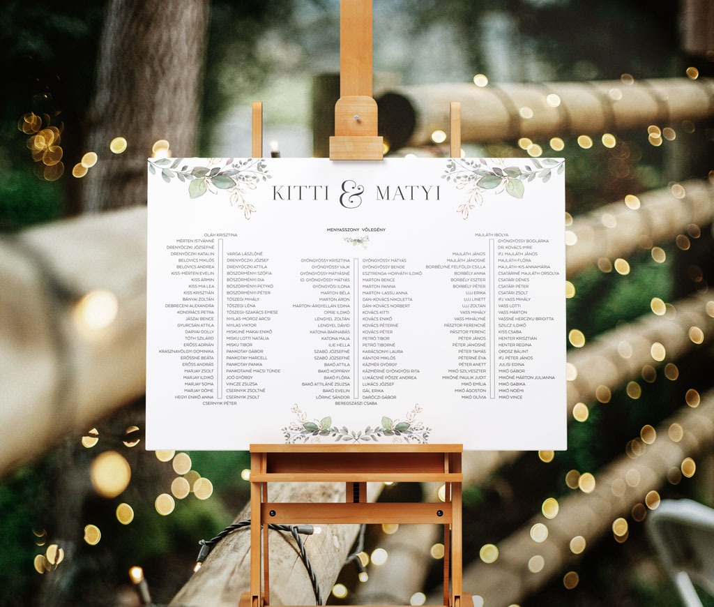 Esküvői kiegészítők greenery meghívóhoz: poháralátét, menükártya, külünböző ültetőkártyák és ültetési táblák, welcome tábla és pálinkacímke