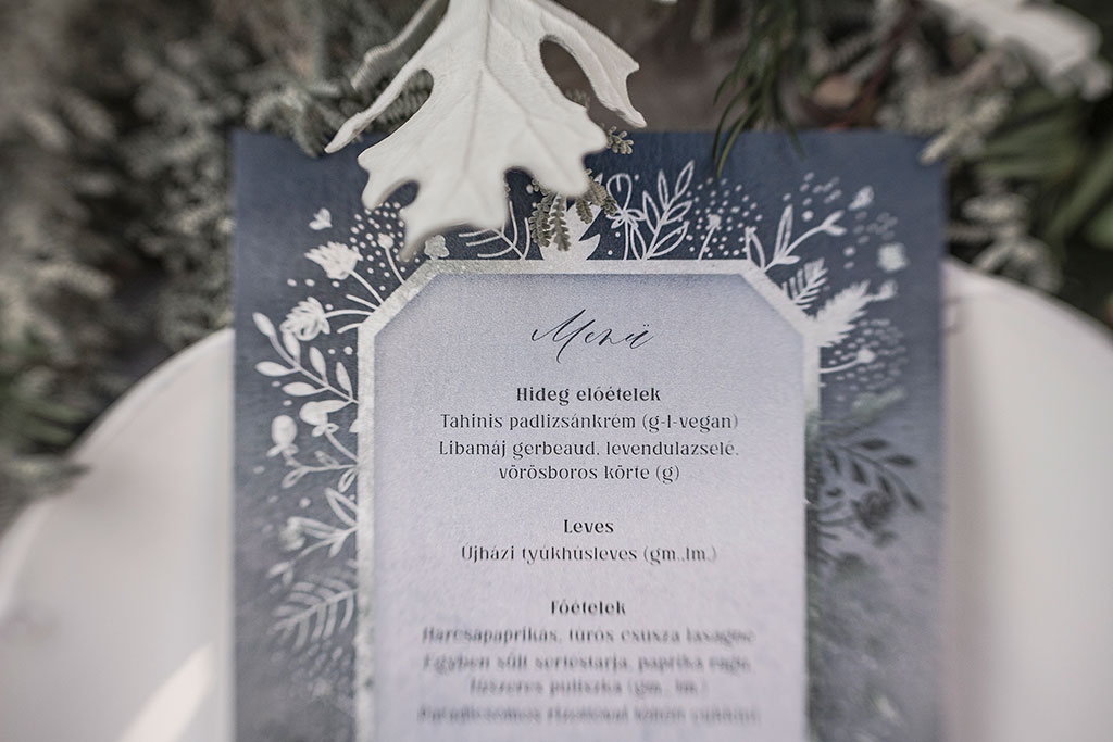 Fagyott mező esküvői meghívó - watercolor háttér tusrajzos virágos grafika, egylapos-egyoldalas, két színváltozatban, gyöngyházfényű papíron