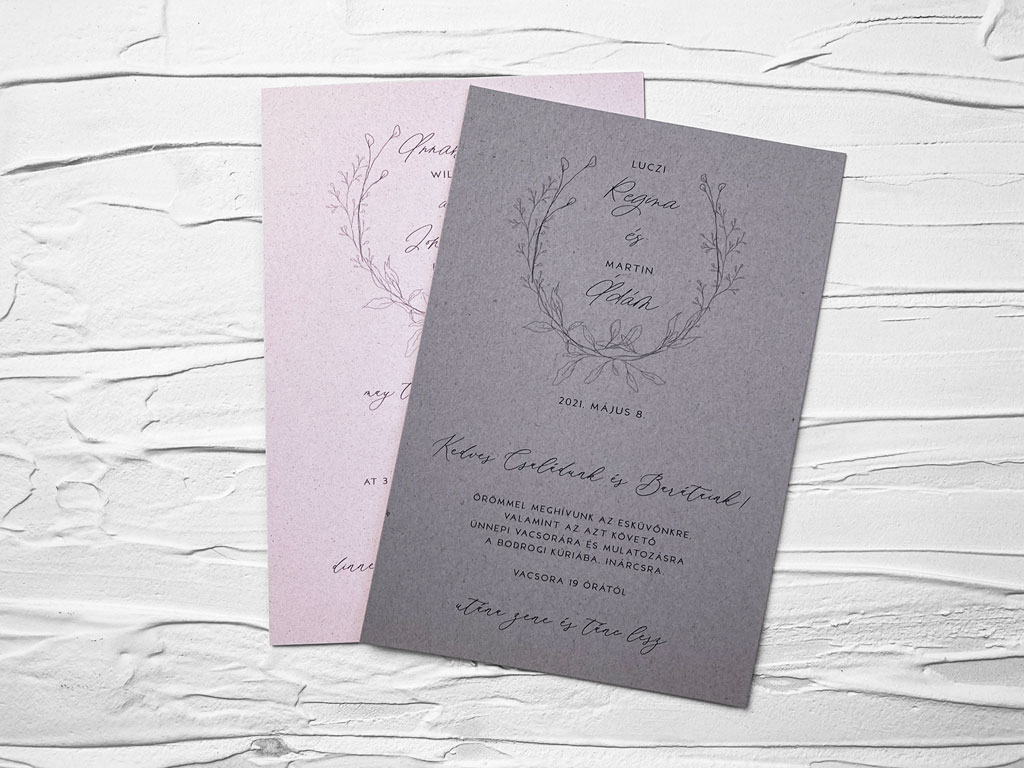 Nyomtatott borítékos esküvői meghívók előre elkészített borítékokkal, sokféle papíron, rengeteg különböző grafikával és többféle kártyával