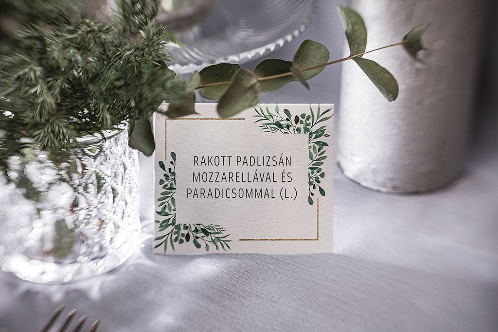 hajtott ültetőkártya greenery-arany grafikával – bármilyen esküvői dekorációhoz sok választható papíron akár aranyozva is, gyors átfutással, kedvező áron