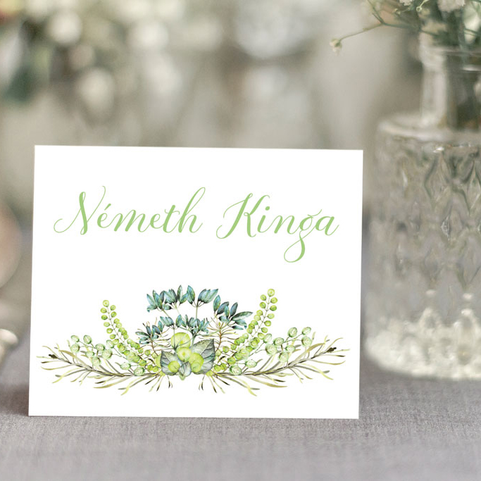 hajtott ültetőkártya vizinövényes-greenery grafikával – bármilyen esküvői dekorációhoz sokféle papíron akár aranyozva is, gyors átfutással, kedvező áron