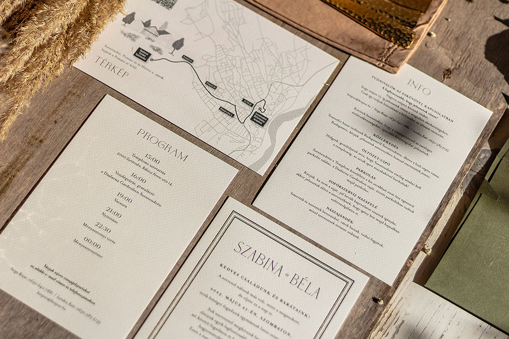 Prémium gyapot alapanyagra nyomtatott esküvői meghívó és kártya szett: infó-, program- és térképkártyával
